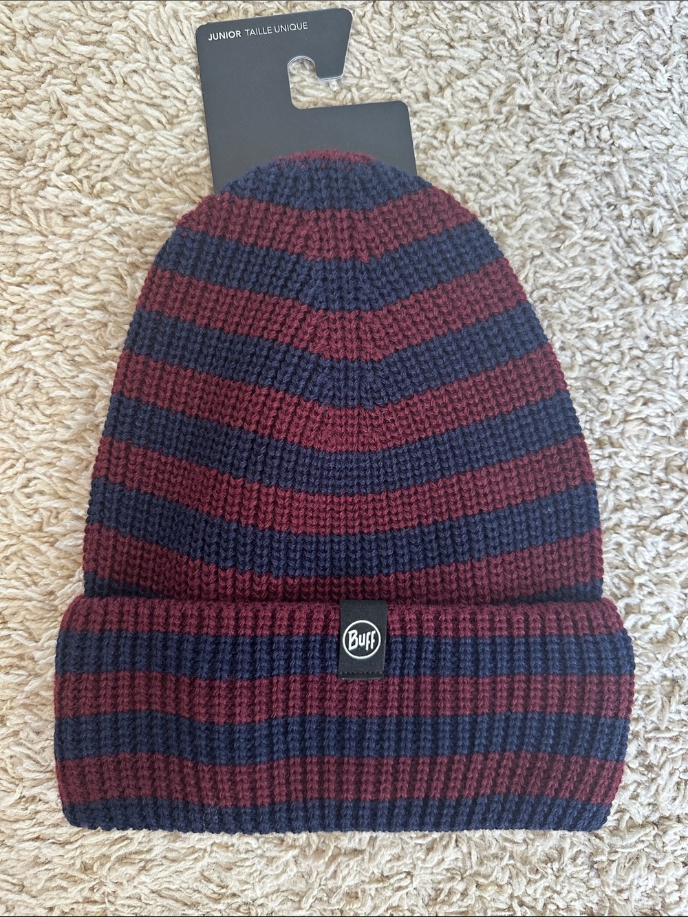 Buff Striped Knit Beanie - Burgundy & Navy Blue